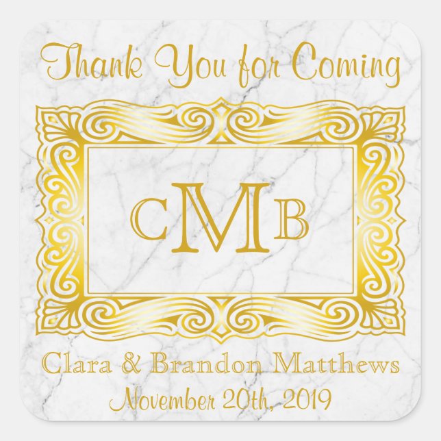 Thank You Gold Classic Monogram Frame White Marble Square Sticker (Front)