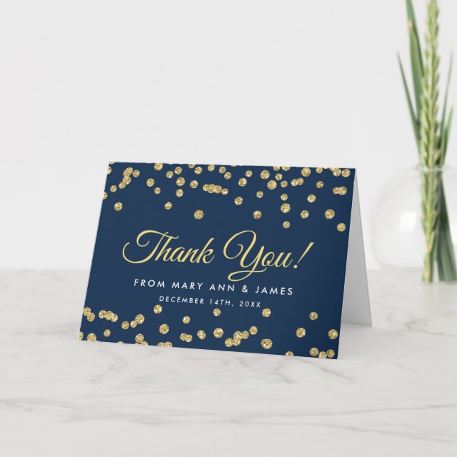 "Thank you" Gold Faux Glitter Confetti Navy Blue Thank You Card (Front)