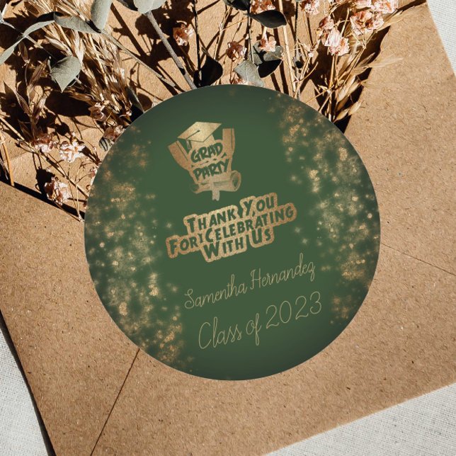 Thank You Gold Glitter & Green Graduation Party Classic Round Sticker (Creator Uploaded)