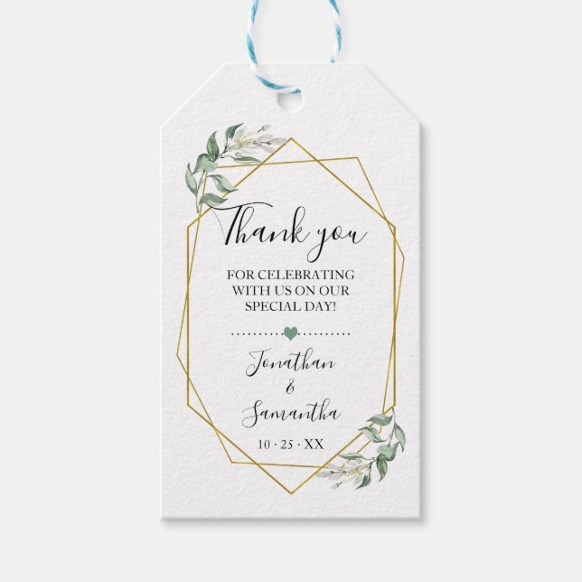 Thank you gold greenery bridal shower favour tag (Front)
