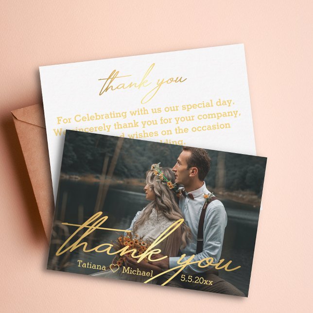 thank you,gold handwritten script wedding photo card (Creator Uploaded)