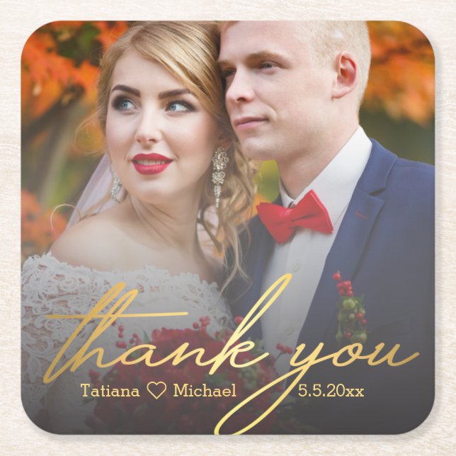 thank you,gold  handwritting wedding day photo   square paper coaster (Front)