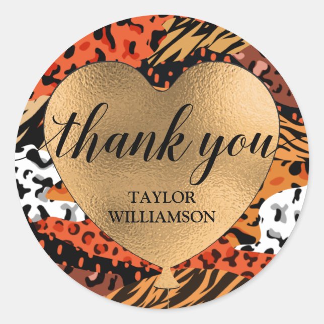 Thank You Gold Heart Balloon Animal Print Classic Round Sticker (Front)