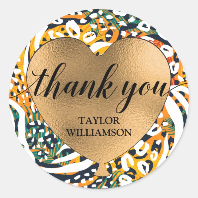 Thank You Gold Heart Balloon Animal Print Classic Round Sticker (Front)