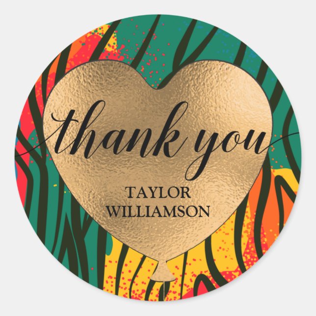 Thank You Gold Heart Balloon Animal Print Classic Round Sticker (Front)