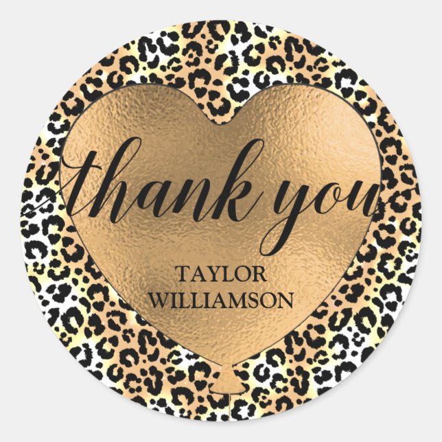 Thank You Gold Heart Balloon Leopard Classic Round Sticker (Front)