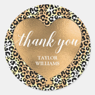 Thank You Gold Heart Balloon Leopard Classic Round Sticker