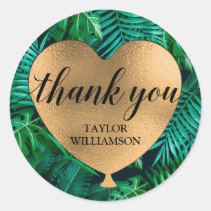 Thank You Gold Heart Balloon Tropical Plants Classic Round Sticker
