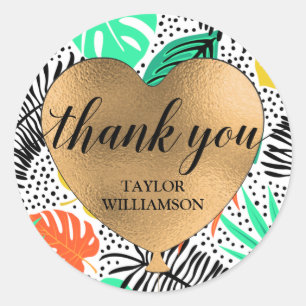 Thank You Gold Heart Balloon Tropical Plants Classic Round Sticker