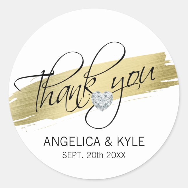 Thank you Gold Heart Diamond Wedding Bridal Classic Round Sticker (Front)