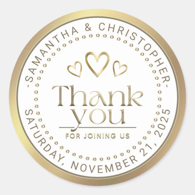 Thank You Gold Hearts Wedding Favour  Classic Round Sticker (Front)