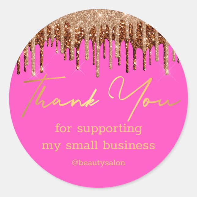 thank you gold luxury glitters pink small business classic round sticker (Front)