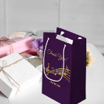 Thank You gold music notes on chic purple backdrop Small Gift Bag<br><div class="desc">Elegant dark purple background with faux gold music notes. With the text: Thank You! Golden hand lettered style script. Template for a name or names.
Perfect as a favour bag for a birthday party,  wedding,  wedding anniversary,  baby shower or bridal shower!</div>
