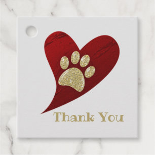 Thank You Gold Paw Print Red Heart Appreciation Favour Tags