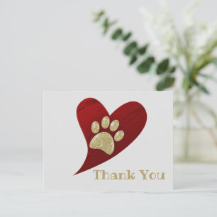 Thank You Gold Paw Print Red Heart Appreciation Postcard