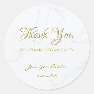 Thank You Gold Script White Marble Template Classic Round Sticker