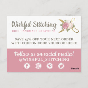 Thank You Gold Sewing Scissors Shabby Chic Floral Postcard