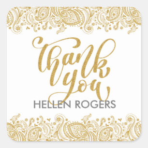 Thank you gold typography with gold paisley lace square sticker