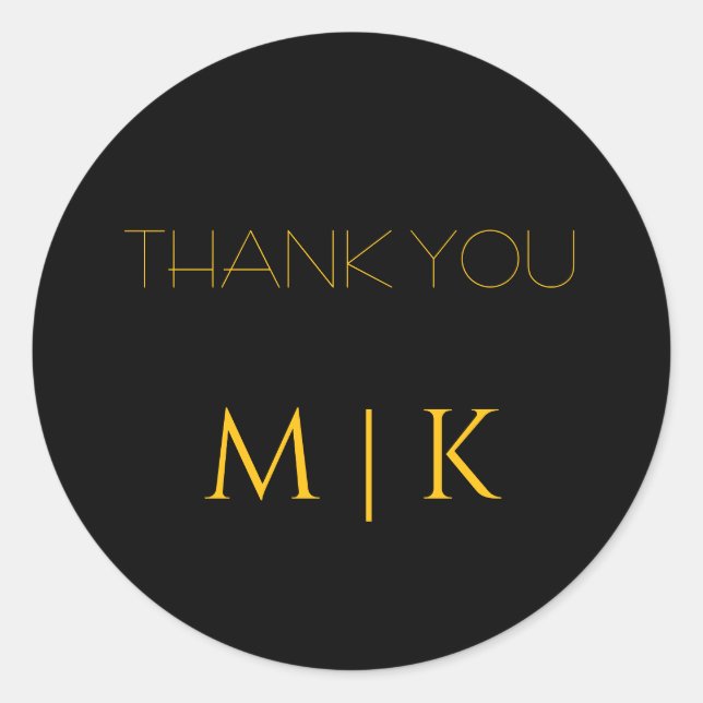 Thank You Gold Yellow Black Monograms Wedding Classic Round Sticker (Front)