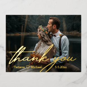 thank you,golden chic handwritting wedding photo  foil holiday postcard
