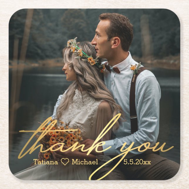 thank you,golden handwritting wedding photo  square paper coaster (Front)