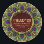 Thank You Golden Peacock Feathers Mandala  Classic Round Sticker<br><div class="desc">Bold and beautiful design : Customisable text with a circle of peacock feathers. Gorgeous greens and purples colours with rich gold trims. | These decorative custom name and details makes standout design for many special events - fully customisable ♥ Engagement / Wedding (or anniversary) keepsake gifts for the special couple...</div>