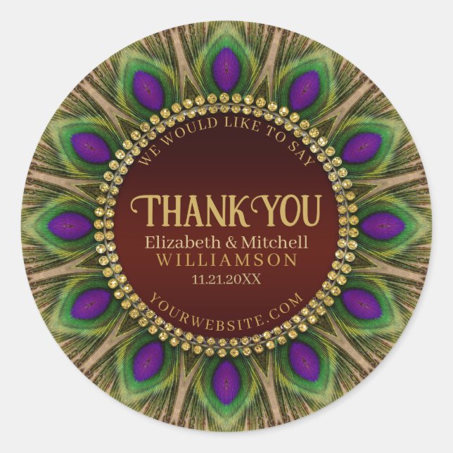 Thank You Golden Peacock Feathers Mandala  Classic Round Sticker (Front)