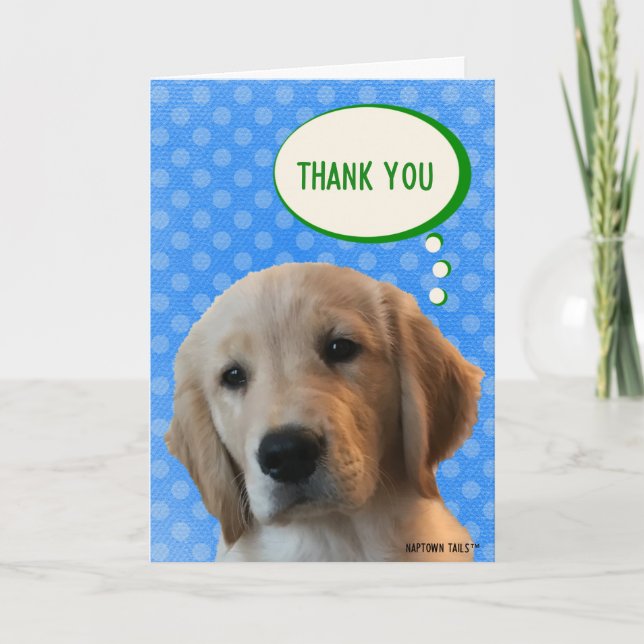 Thank You Golden Retriever Dog Blue Polka Dot Card (Front)