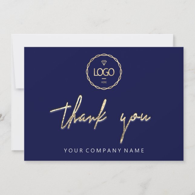 Thank You Golden Script Business  Logo Blue Navy Invitation (Front)