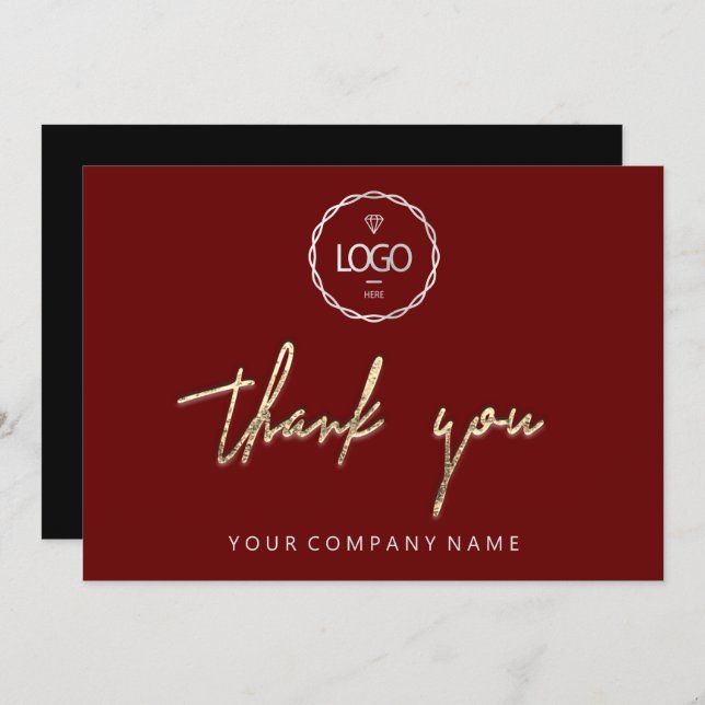 Thank You Golden Script Business  Logo Burgundy Invitation (Front/Back)