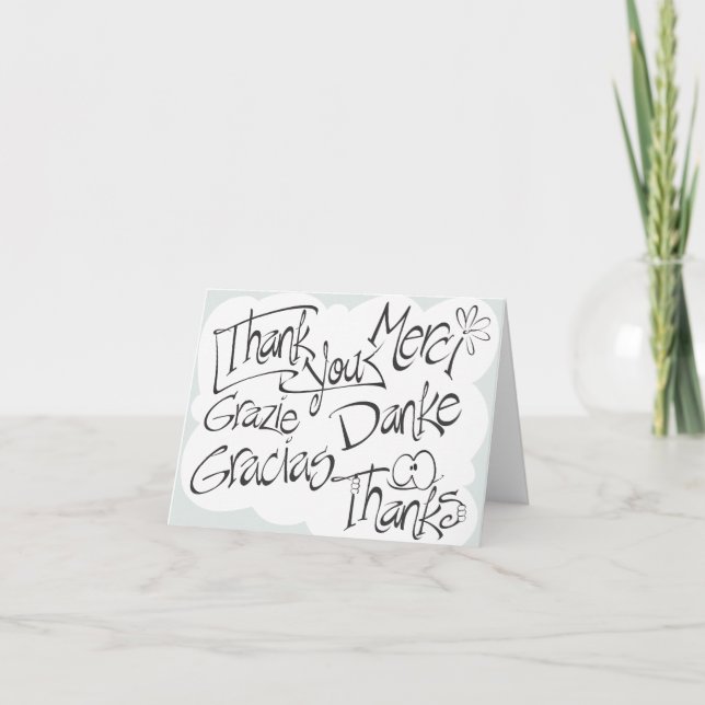 Thank You, Gracias, Merci, Thanks, Black & White Thank You Card (Front)