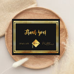 Thank you graduation 2021 black gold postcard<br><div class="desc">A thank you card for the graduate. A black background colour and a faux gold frame.  On front a hand lettered style script and the text: Thank You! Graduate 2021 and a graduation cap,  hat.
Back: Personalise and add Your thank you note and name. No background colour.</div>