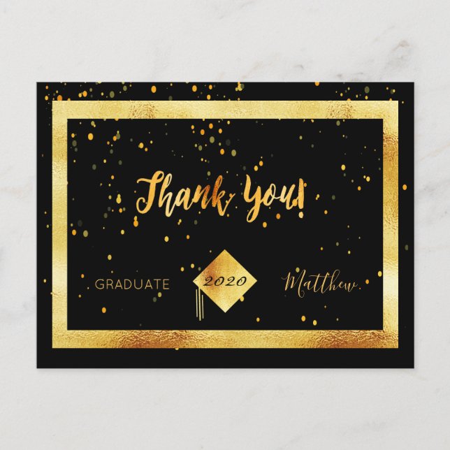 Thank you graduation black gold confetti postcard (Front)
