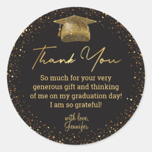 thank you graduation black gold glitters chic classic round sticker