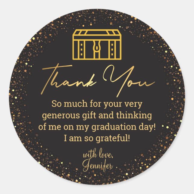 thank you graduation black gold trunk glitters  classic round sticker (Front)
