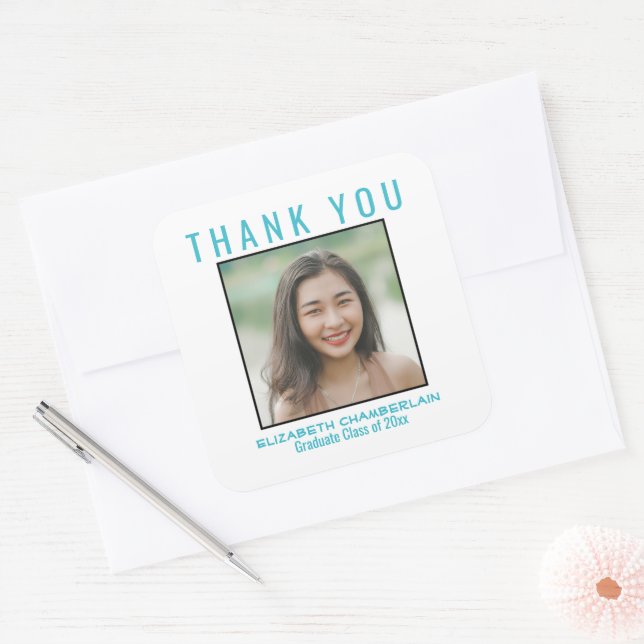 Thank You Graduation Black Pastel Blue Custom Name Square Sticker (Envelope)
