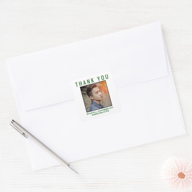Thank You Graduation Green Black Custom Photo Square Sticker (Envelope)
