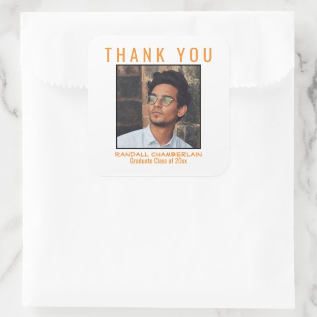 Thank You Graduation Orange Black Custom Photo Square Sticker (Bag)
