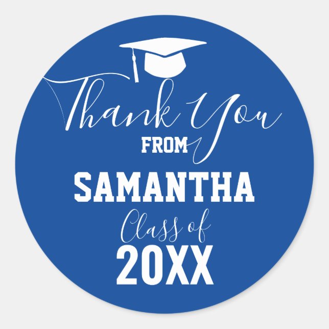 Thank You Graduation Party Favour blue Classic Round Sticker (Front)