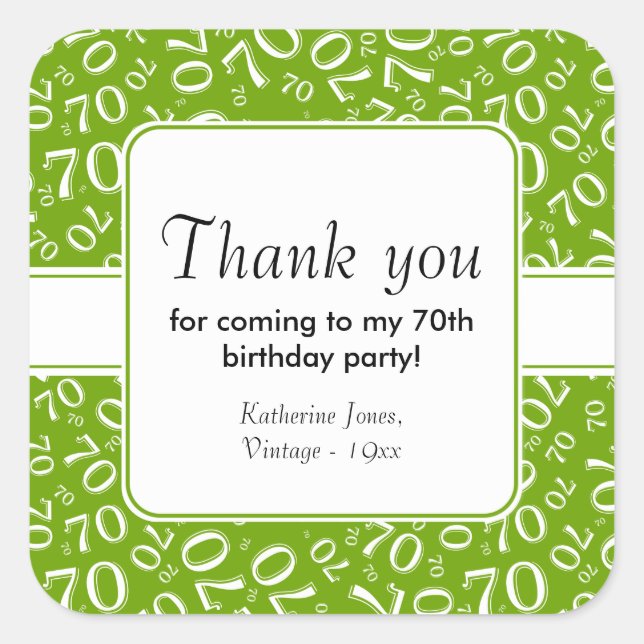Thank You: Green 70th Birthday Number Pattern Square Sticker (Front)