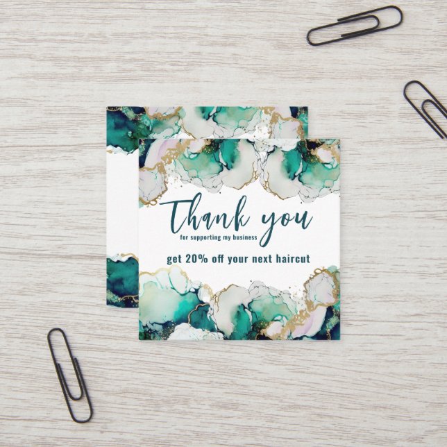 Thank You Green Abstract Elegant Business  Square Business Card (Front/Back In Situ)