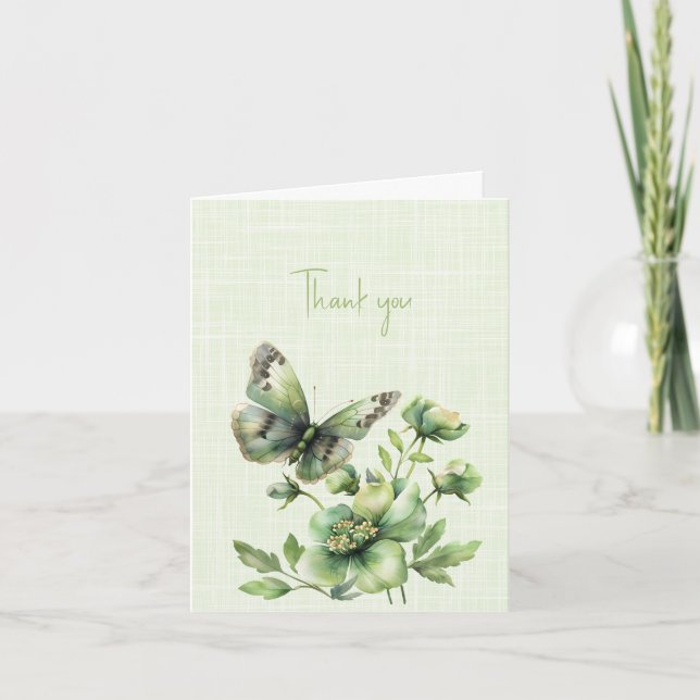 Thank you Green Butterflies and Flowers Card (Front)