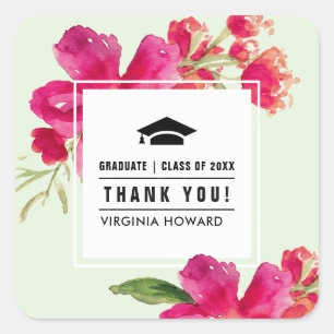 Thank You. Green Mint Fuchsia Floral Graduation Square Sticker