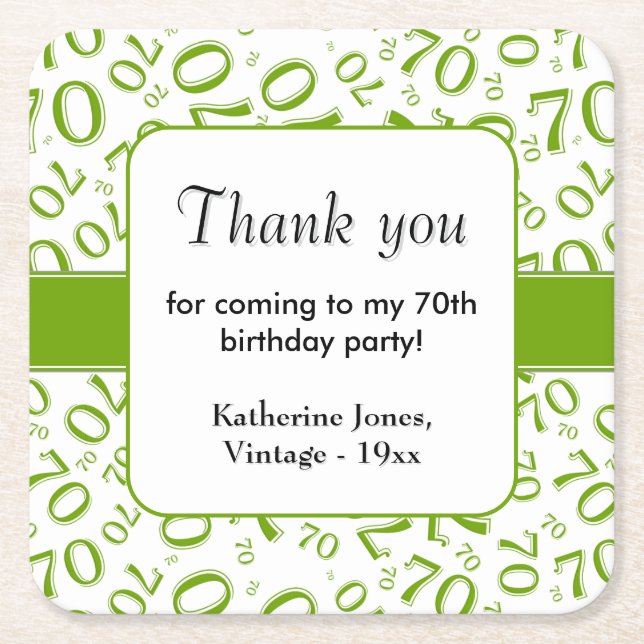 Thank You: Green/White 70th Random Number Pattern Square Paper Coaster (Front)