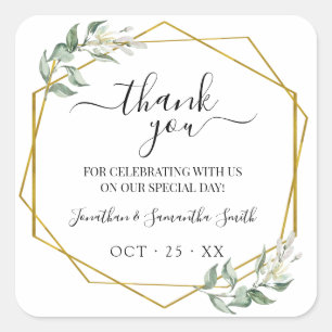 Thank you greenery gold geometric wedding square sticker