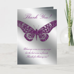 Thank You Greeting Card Butterfly Purple Silver