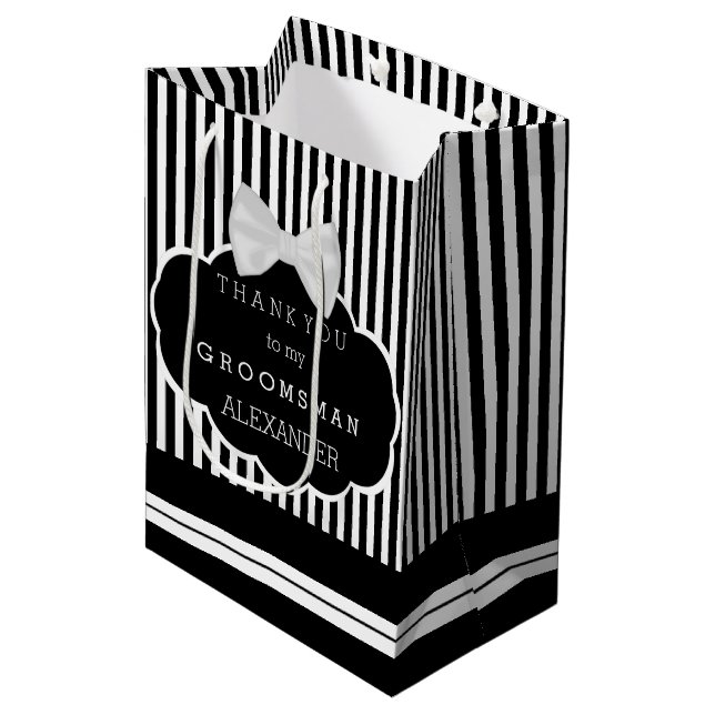 Thank You Groomsman Stripes White Bow Tie and Name Medium Gift Bag (Front Angled)