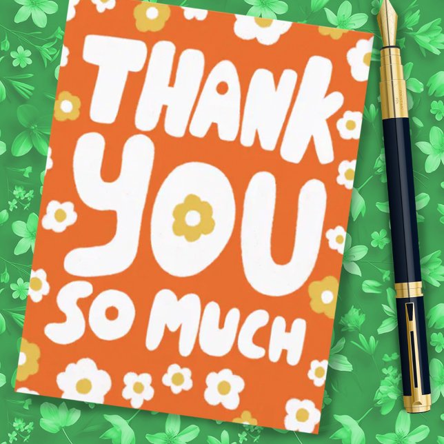 THANK YOU Groovy Daisies Colourful Bubble Letters  Postcard (Thank you card. Customize this cute colorful daisy postcard in orange, white and yellow.)