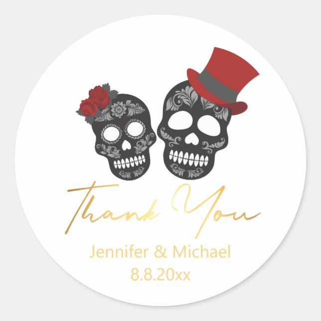 thank you halloween skeletons gold  wedding  classic round sticker (Front)