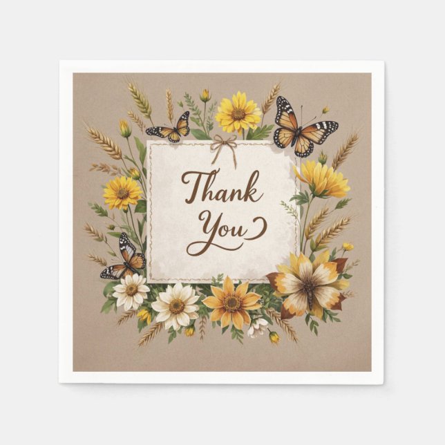 Thank you Hand drawn wildflowers, wheat stalks Napkin (Front)